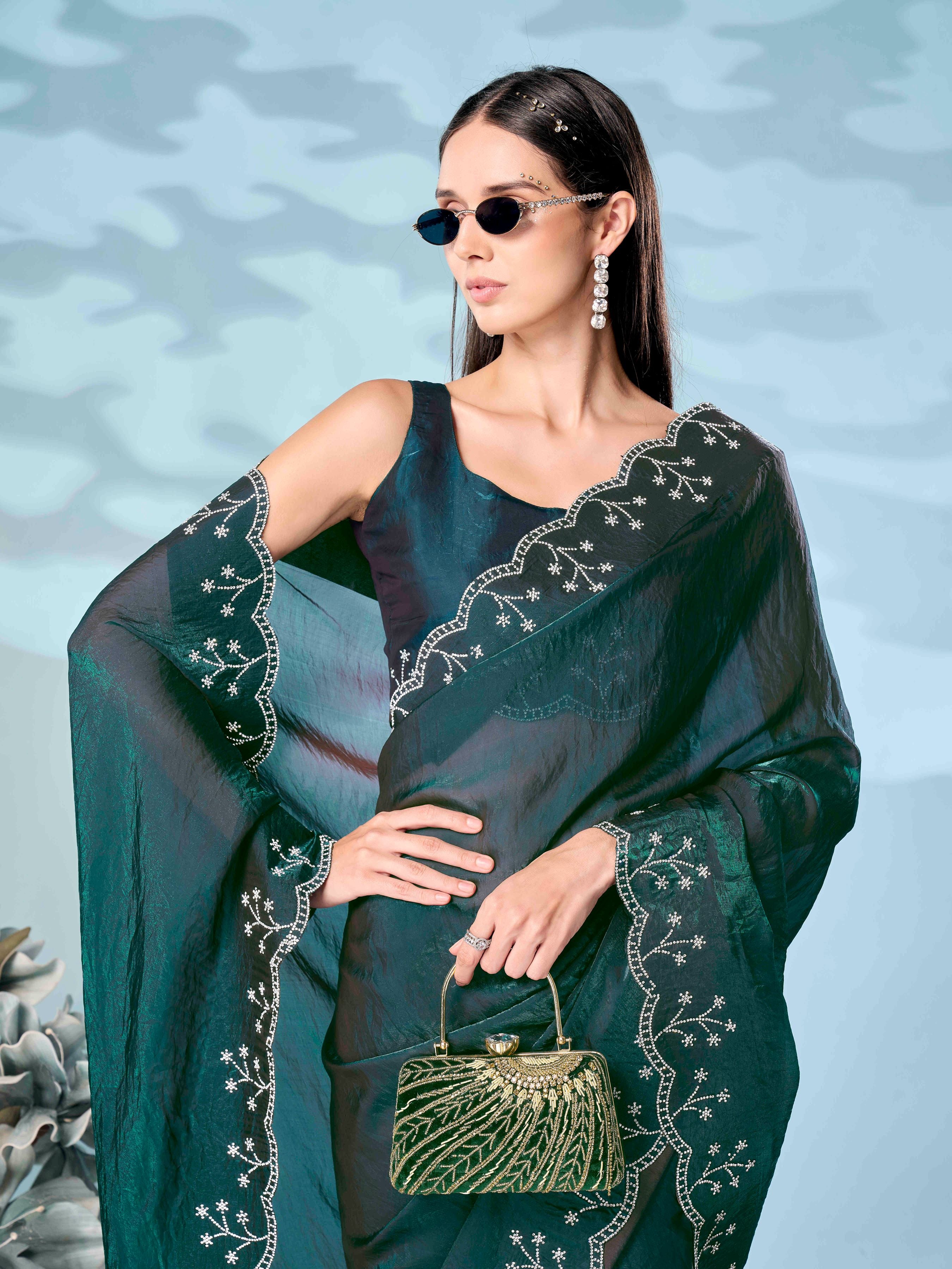 Two tone green & maroon colored satin saree with heavy work